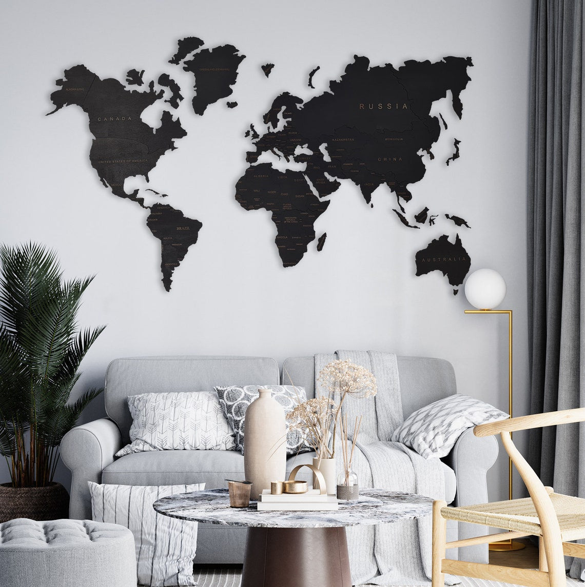 Wooden World Map Rustic Wall Art Home Decor Large Travel Map Wood Gift